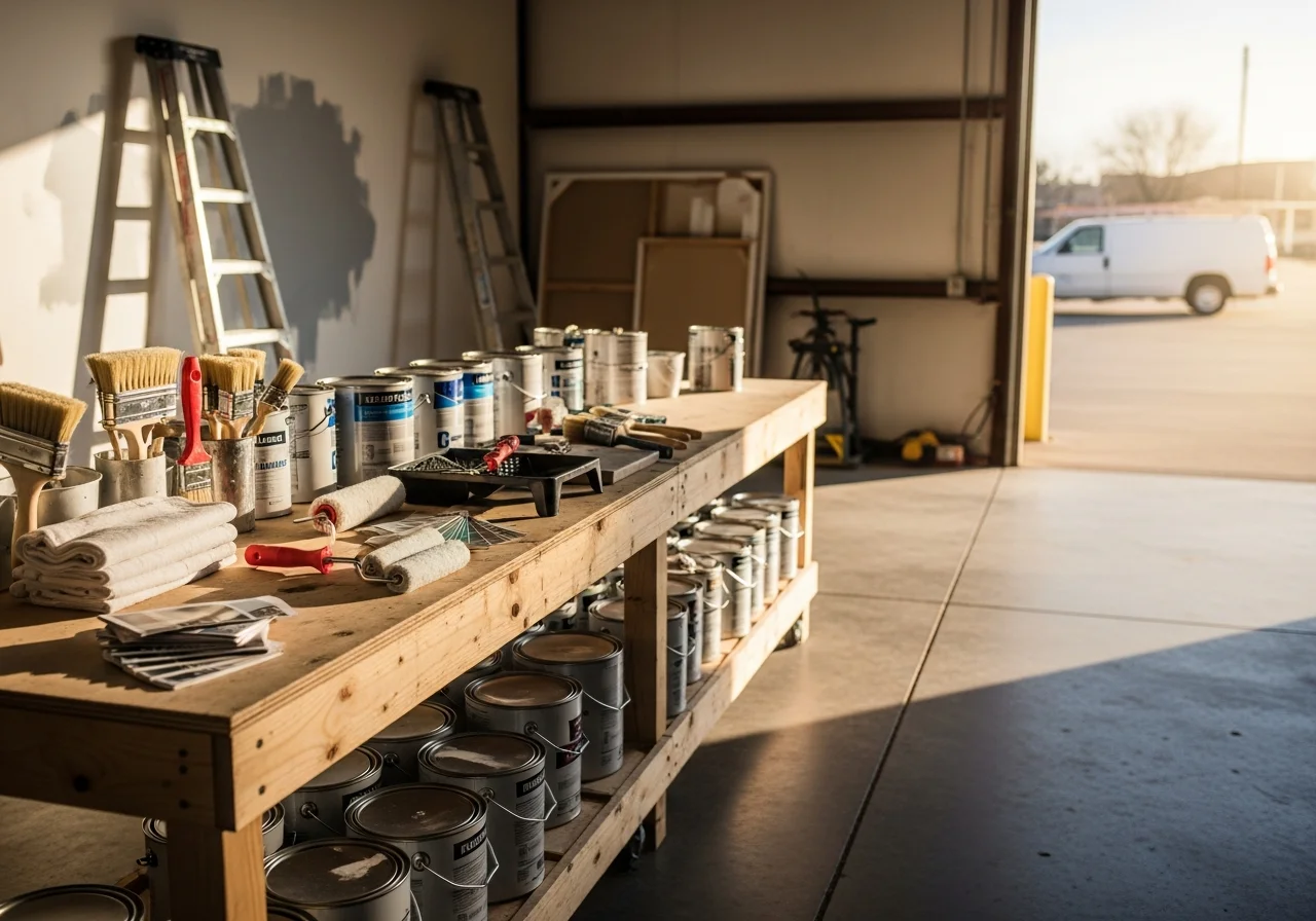 Professional painting crew with brushes, rollers, and supplies ready for residential interior and exterior work.