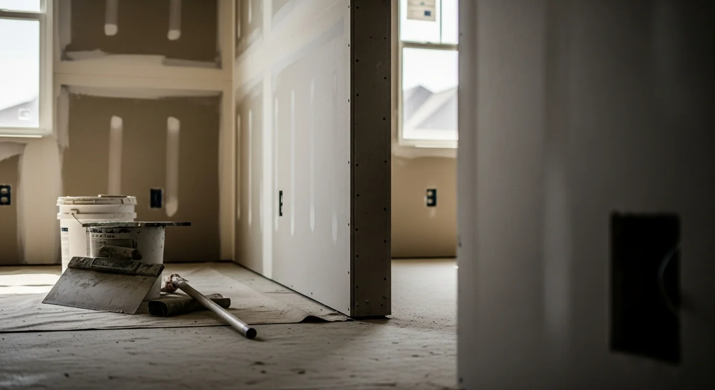 Drywall contractor finishing interior wall with drywall compound