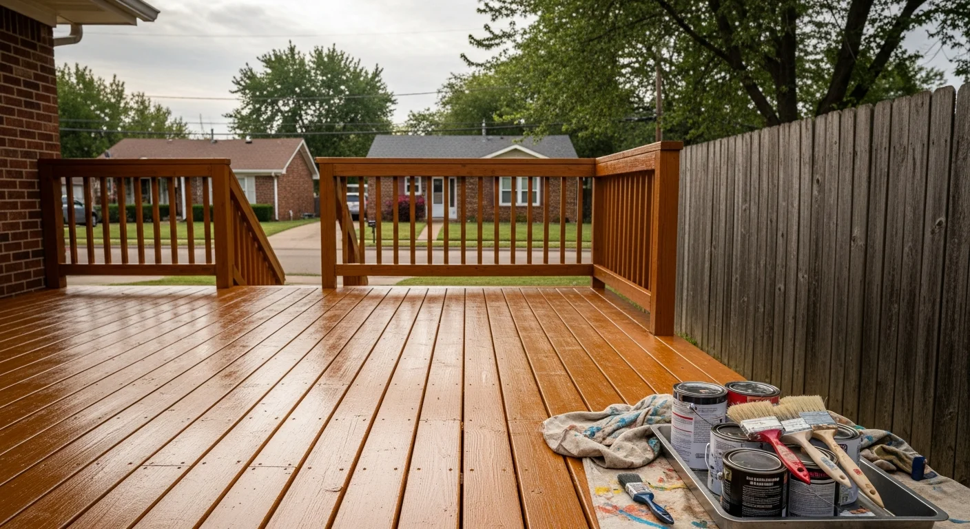 Exterior wood staining applied to residential deck and fence