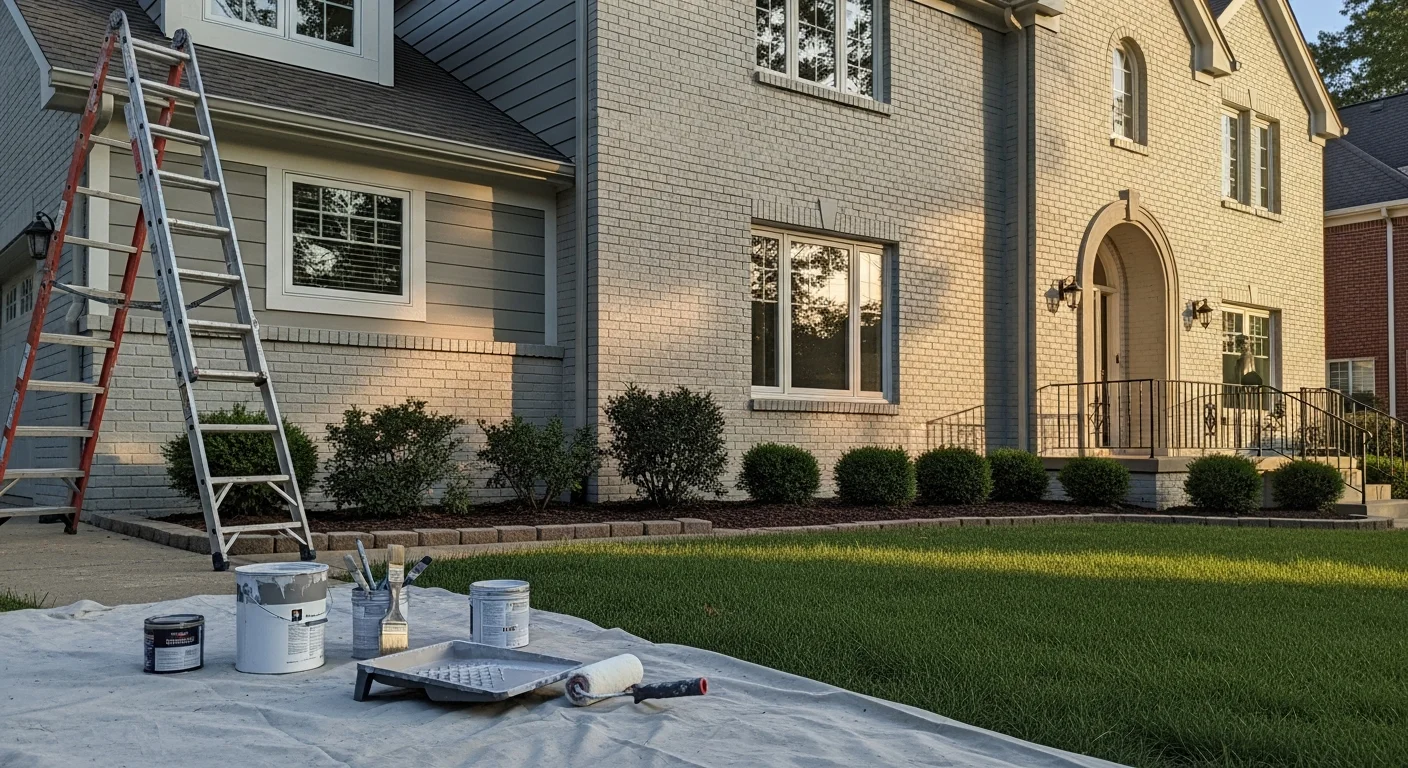 Professional house painter applying exterior paint to residential home