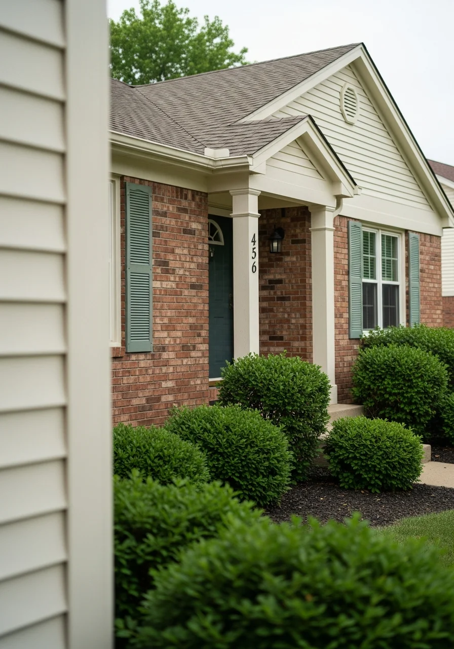 Close-up view of a Gladstone home's front entrance and landscaping in good condition.