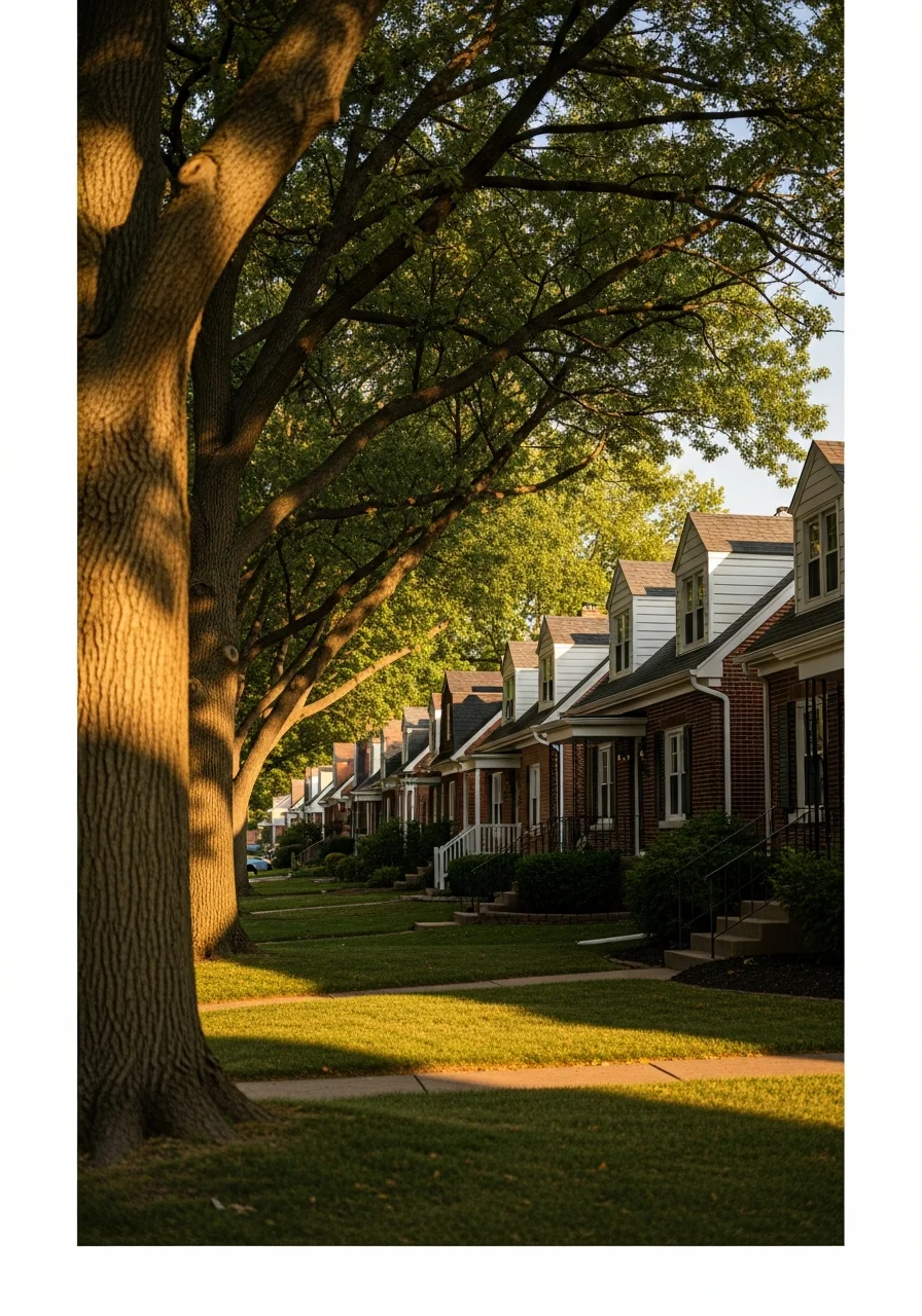 A residential street in a Kansas City neighborhood with tree-lined sidewalks and well-maintained homes.