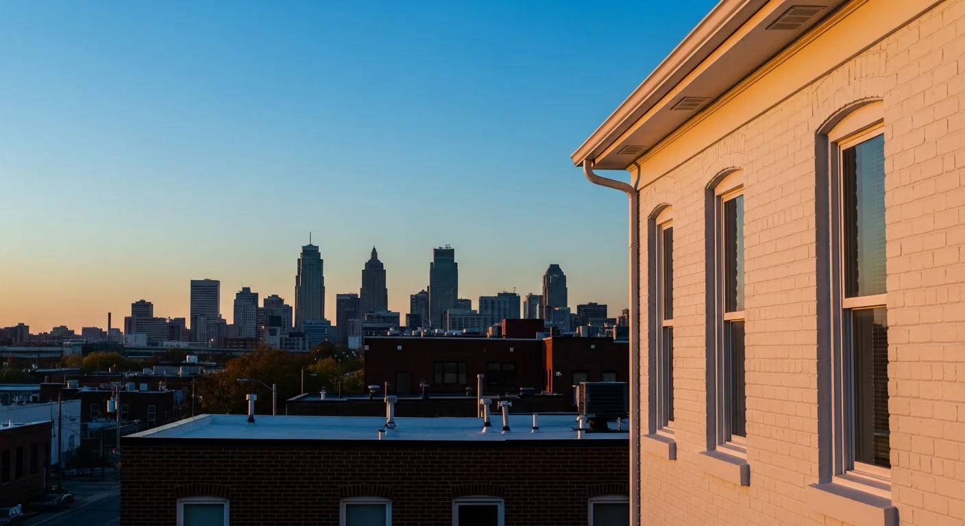 Kansas City skyline at dusk with downtown buildings lit against a clear sky.