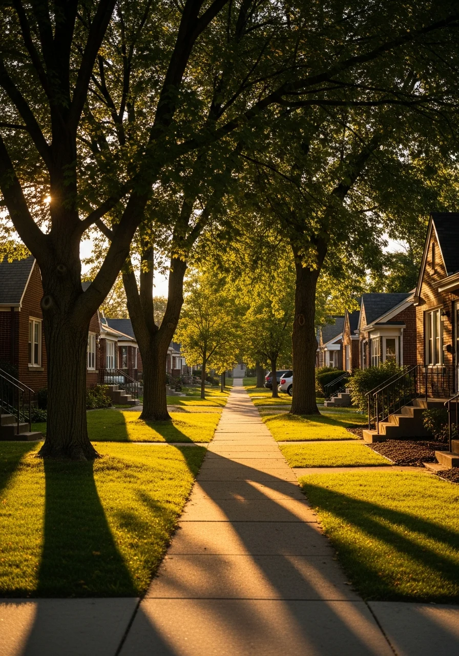 Parkville neighborhood street view showing tree-canopied sidewalks and community character.