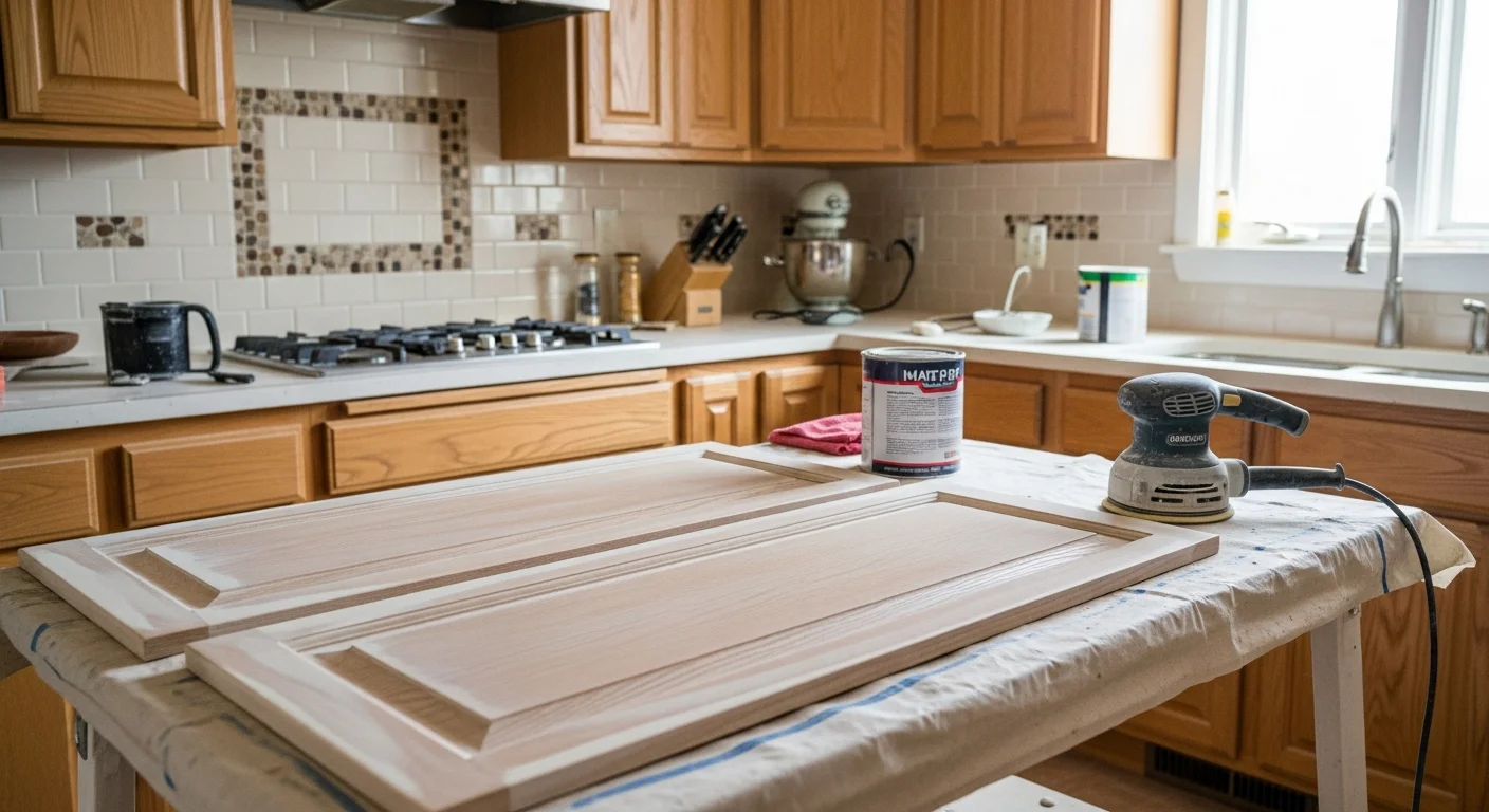 Freshly refinished white kitchen cabinets in a Kansas City, MO home, showing clean door fronts and smooth drawer faces after professional surface prep and topcoat application. The cabinet frames and doors display an even, consistent finish with no visible brush marks or worn patches.