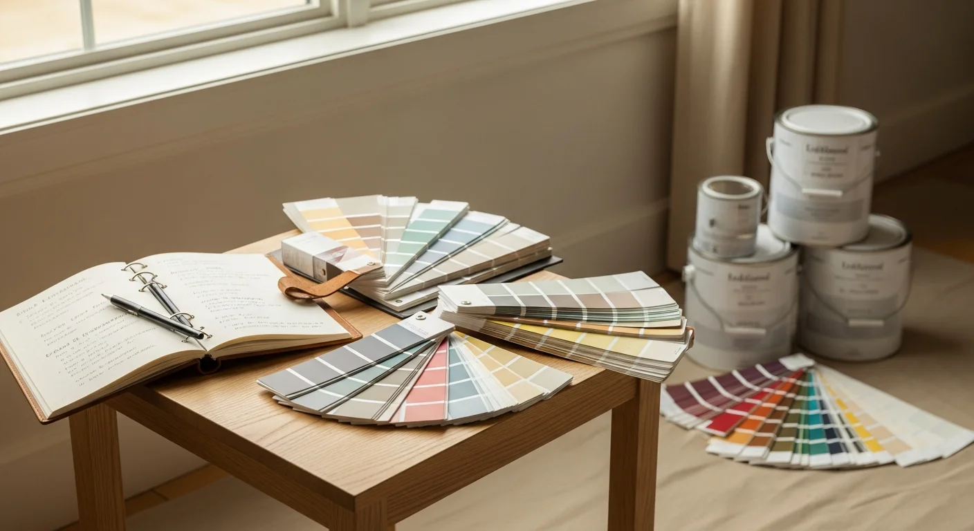 A Kansas City, MO house painter holding paint swatches against an exterior brick wall during a color consultation visit. Several coordinated color samples are fanned out near the trim line for comparison.