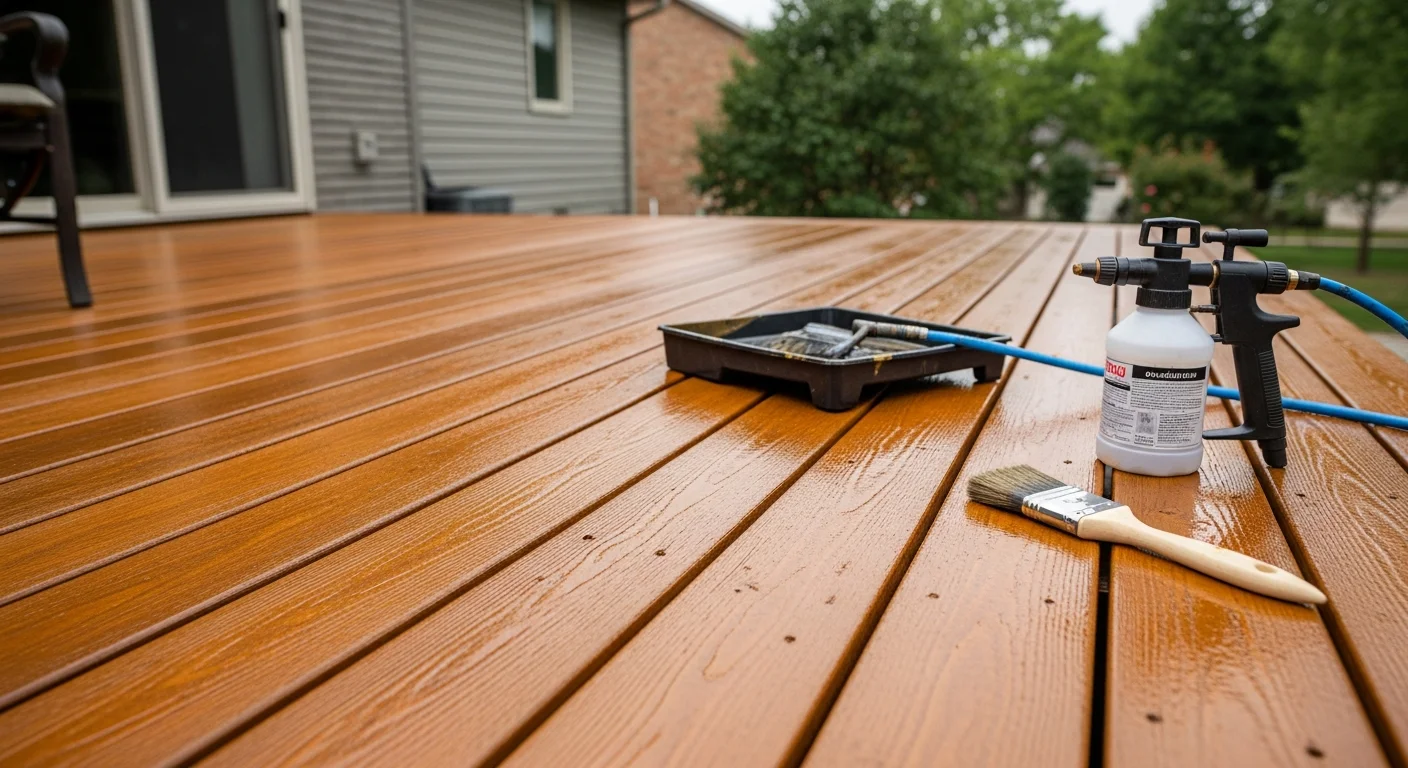 A freshly stained wood deck on a Kansas City, MO home showing even color coverage and clean wood grain after professional preparation and stain application. The deck surface shows no fading, cracking, or weathering typical of untreated outdoor wood in the Kansas City climate.