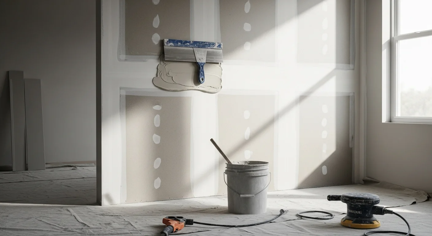 A Kansas City, MO interior wall after professional drywall finishing, showing smooth, seam-free surfaces with sharp corners ready for paint. A drywall finisher applies joint compound to a taped seam in a residential room during a home remodel.