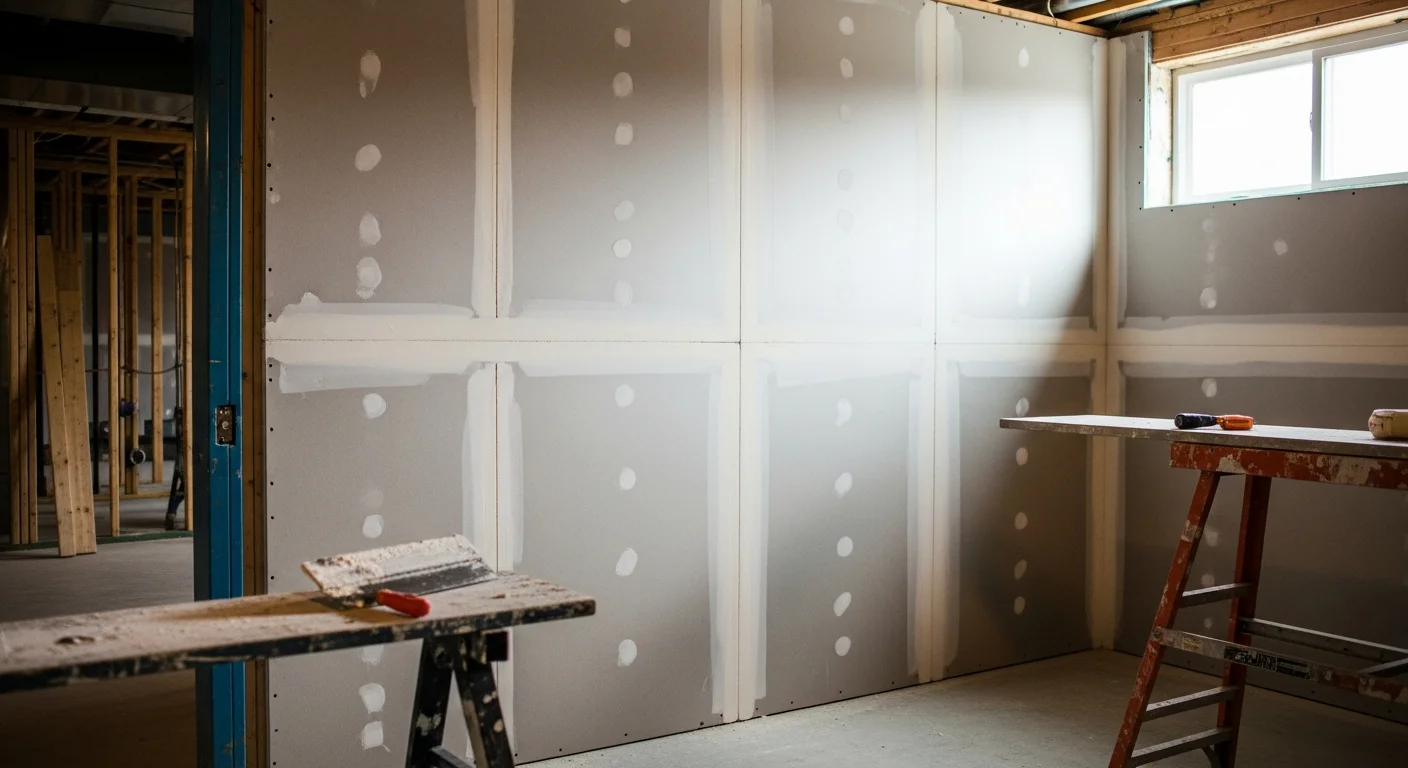 A freshly installed and finished drywall ceiling and walls in a Kansas City, MO basement room, showing smooth, paint-ready surfaces with clean taped seams and no visible panel joints.