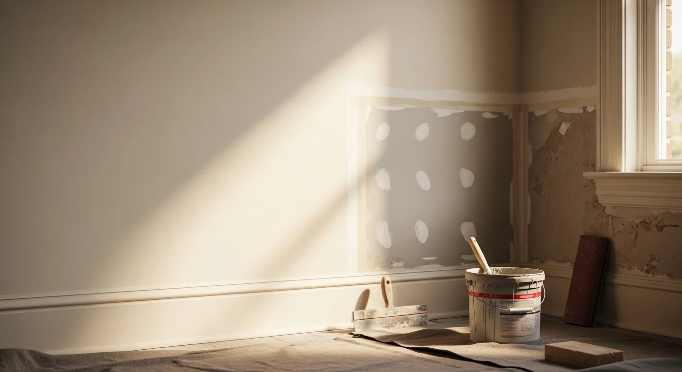 A freshly patched and sanded drywall wall in a Kansas City, MO home interior, showing a smooth surface ready for paint with no visible seams or texture breaks. The repair area blends evenly with the surrounding wall finish.