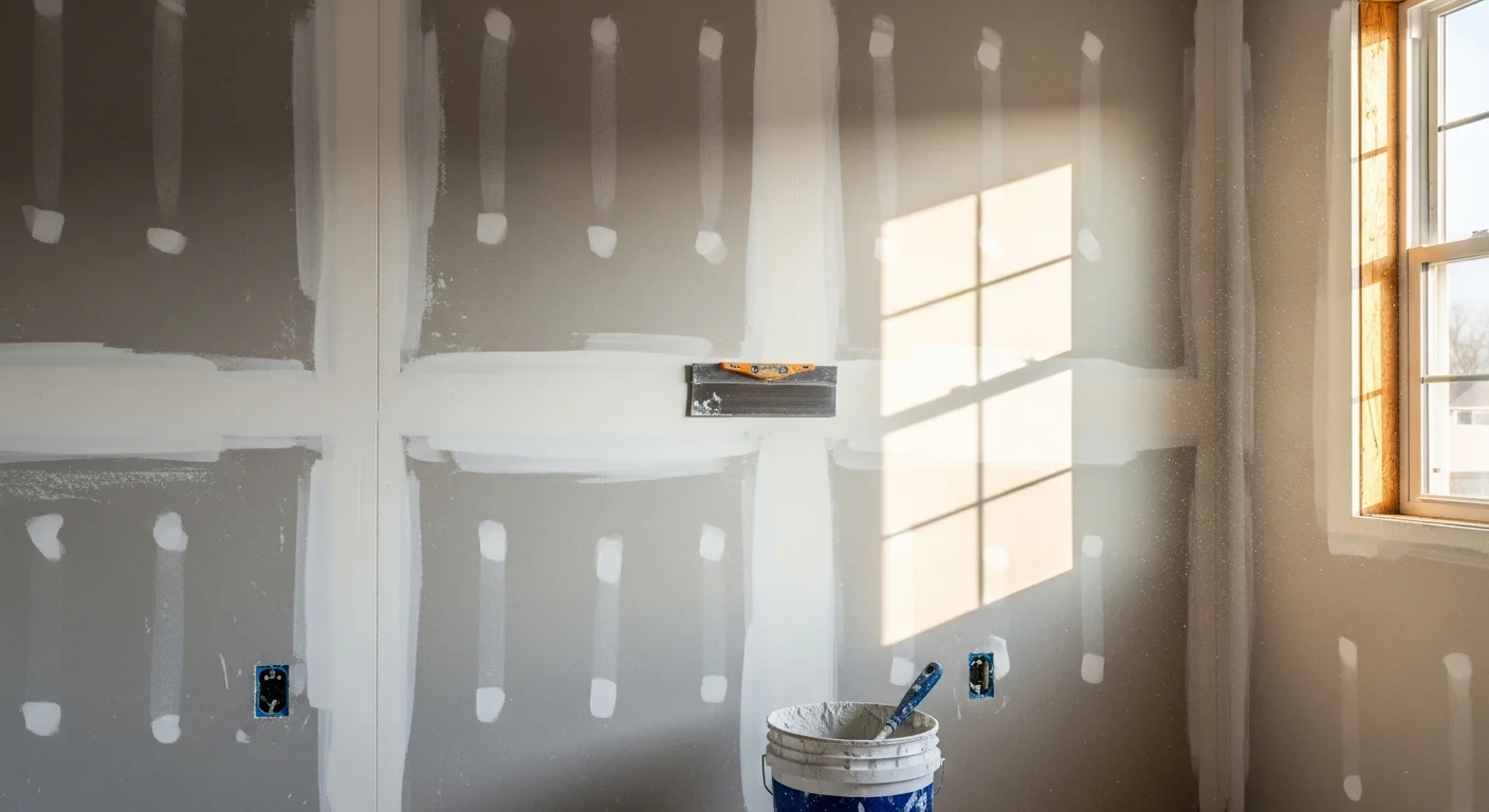 A Kansas City, MO interior wall showing a smooth, freshly mudded and taped drywall surface with clean feathered seams ready for paint. A drywall contractor applies joint compound to a ceiling joint in a residential room during a remodel.