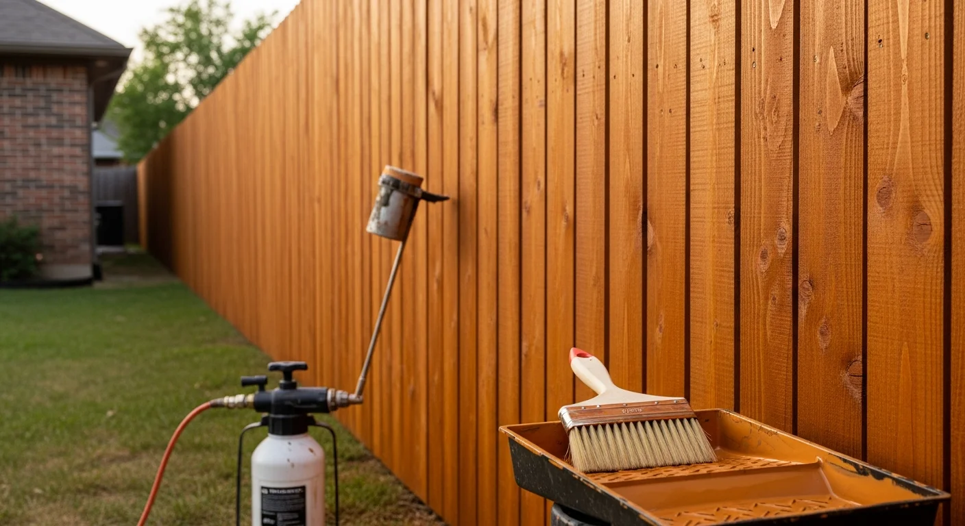 A freshly stained wood privacy fence along a Kansas City, MO residential property line, showing deep, even color with visible wood grain. The fence borders a green backyard lawn under clear Midwest sky.