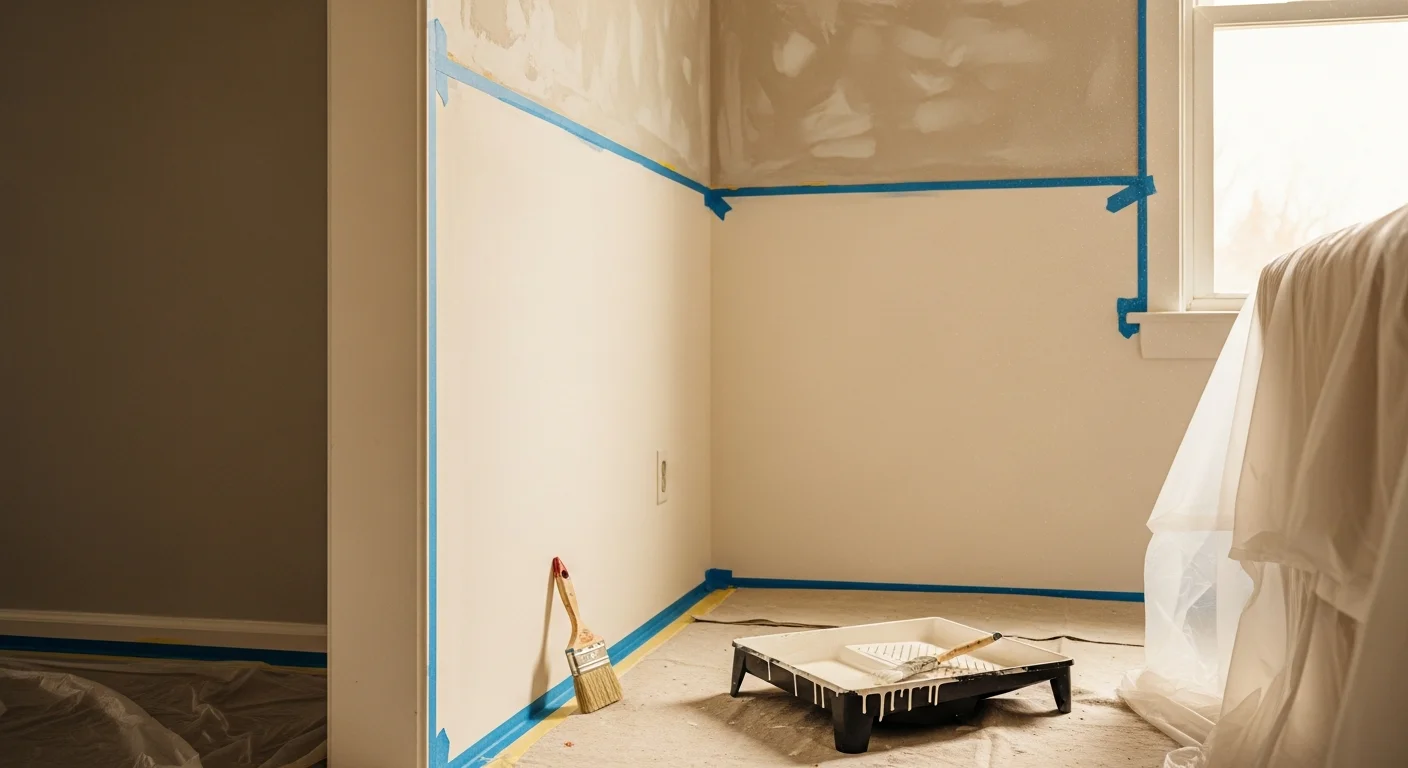 A freshly painted living room interior in a Kansas City, MO home, showing smooth walls in a neutral tone with clean trim lines and even ceiling coverage. The room is clear of debris and ready for furniture, reflecting a completed professional interior house painting job.