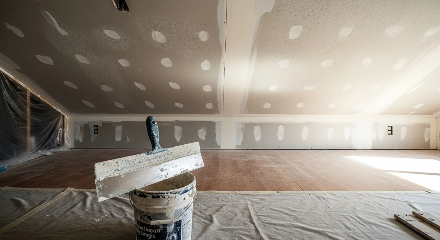 A smooth, freshly finished ceiling in a Kansas City, MO living room after professional popcorn texture removal. The flat white surface shows clean drywall repair work and even paint coverage with no remaining texture.