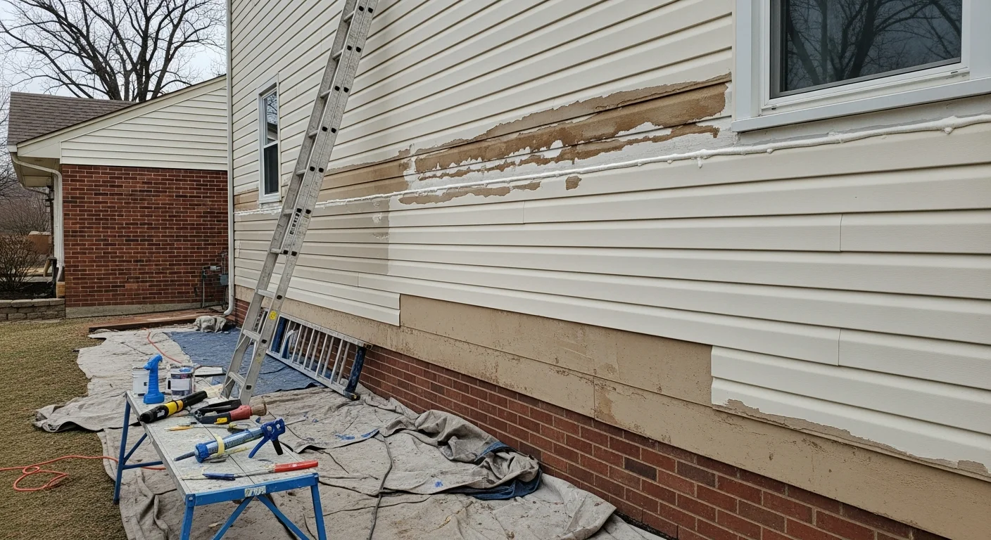 Repaired and freshly painted exterior siding on a Kansas City, MO residential home, showing smooth panel surfaces and clean seams after storm damage restoration. Close view of the repaired section blending with the surrounding painted exterior under natural Midwestern daylight.