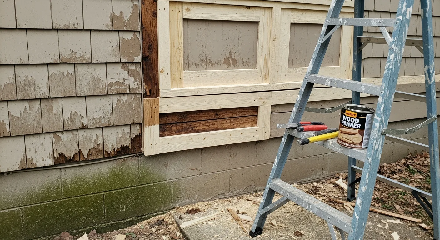 Close-up of a Kansas City home exterior showing repaired and freshly painted wood trim around a window, with smooth siding and clean edges replacing previously rotted boards. The finished surface shows consistent color and no signs of soft or crumbling wood.